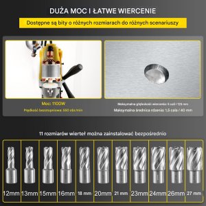 Wiertarka magnetyczna 1100W + zestaw 11 wierteł magnetycznych 1100W 3