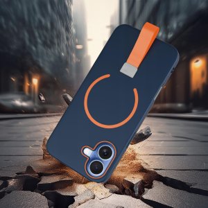 Etui z Paskiem na palec Matowe GRANATOWE do iPhone 16 |do MagSafe +Szkło 2