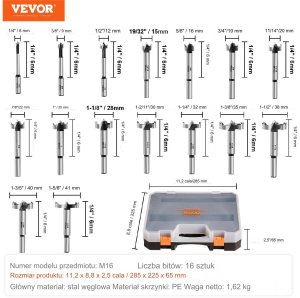 Zestaw Wierteł Forstner 16-Częściowy Zestaw Wierteł do Obróbki Drewna 8