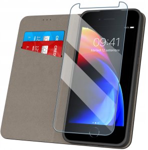 Etui z klapką do iPhone 7 | 8 Zamykane Czarne Futerał + Szkło 9H 2