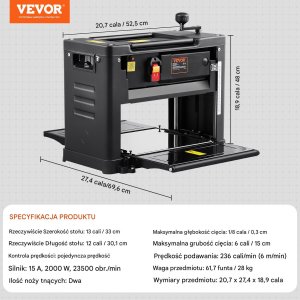 Strugarka grubościówka 33cm 2000W 2 noże cicha twarde i miękkie drewno 2