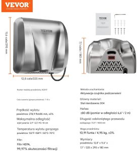 Vevor Elektryczna suszarka do rąk automatyczna cicha 1800W 6