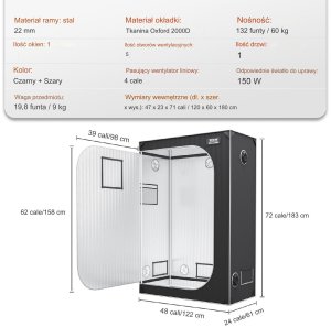 Namiot do uprawy hydroponicznej 120x60x180cm z oknem i tacą do roślin 7
