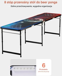 Stół do beer ponga z regulacją wysokości składany gra towarzyska 2,4m + LED 5