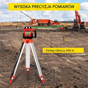 Poziomica laserowa obrotowa zielona 500m 360 z statywem i tyczką 5m 7