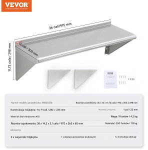 Półka ścienna 30x91 cm stal nierdzewna 113 kg - do kuchni baru hotelu 2