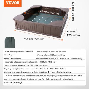 Vevor Piaskownica kwadratowa z pokrywą 123.5 x 125.5 cm 2