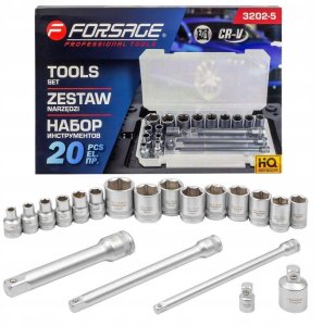 Zestaw narzędzi 3/8" 20el. z nasadkami (6-22mm), adapterami i przedłużkami 2