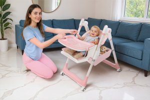 DUŻE SKŁADANE WIELOFUNKCYJNE KRZESEŁKO DO KARMIENIA 5W1 PAPUŚ RÓŻOWE 9