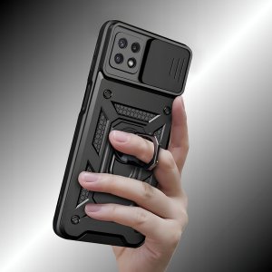 Etui Pancerne CZARNE SLIDE do Samsung A22 5G WZMACNIANE + 2x Szkło 9H 5