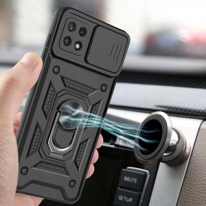 Etui Pancerne CZARNE SLIDE do Samsung A22 5G WZMACNIANE + 2x Szkło 9H 6