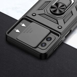 Etui Pancerne CZARNE SLIDE do Samsung A22 5G WZMACNIANE + 2x Szkło 9H 7