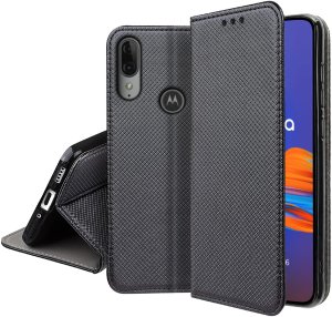 Etui z klapką do Motorola Moto E6 Plus Zamykane Czarne Futerał + Szkło 9H 5