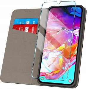 Etui z klapką do Samsung A70 Zamykane Czarne Futerał + Szkło 9H 2