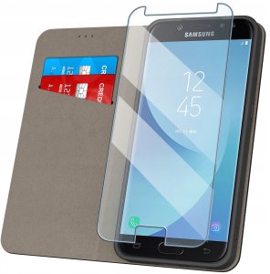 Etui z klapką do Samsung Galaxy J7 2016 Zamykane Czarne Futerał + Szkło 9H 2