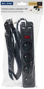 Blow 98-778# Przedłużacz sieciowy pr-470wsp/usb 4-gniazda+usb z uziemieniem+wyłącznik 3m czarny 3x1,5mm 6