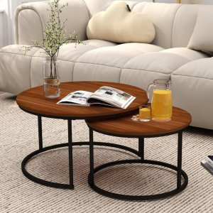 Lean Zestaw Okrągłe Stoliki Kawowe 3w1 Vintage Naturalne Drewno 51cm 40cm 30cm 4