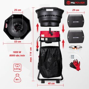 ROZDRABNIACZ DO LIŚCI MULCZER ROZDRABNIARKA ELEKTRYCZNY DUŻY ZBIORNIK 1800W 9