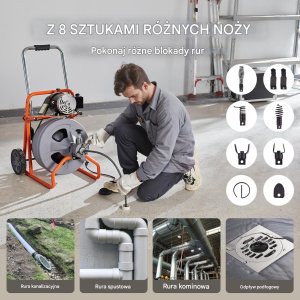 Przepychacz do Rur Kanalizacji 30 m Automatyczna 8 Narzędzi Koła 12