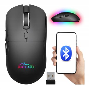 SILENT & RECHARGE - Dualna Bezprzewodowa Mysz Optyczna Bluetooth / RF 2.4GHz. Cichy klik, ładowalna USB-C, 3200dpi, czarna, podswietlenie rainbow. 2