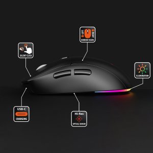 SILENT & RECHARGE - Dualna Bezprzewodowa Mysz Optyczna Bluetooth / RF 2.4GHz. Cichy klik, ładowalna USB-C, 3200dpi, czarna, podswietlenie rainbow. 3