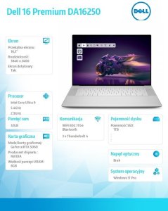 Laptop Dell Laptop 16 Premium DA16250 Win11Pro|U9-285H|32GB|1TB SSD|NVIDIA GeForce RTX 5060, 8GB GDDR7 |WLAN + BT|16.3 OLED Touch|Backlit Kb|6 Cell 7