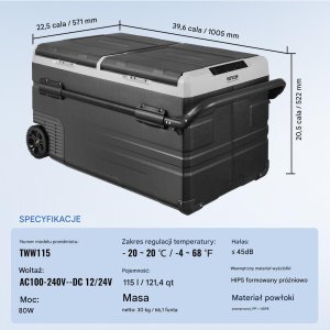 Lodówka turystyczna samochodowa z zamrażalką kompresorowa 115L 80 W 6