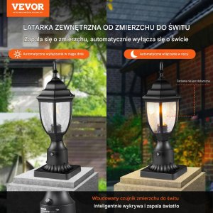Vevor Lampa Ogrodowa Zewnętrzna Słupkowa z Czujnikiem Światła 390 mm 2 Sztuki 8