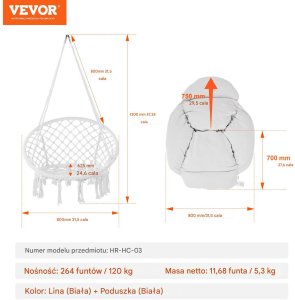 Fotel Wiszący Ogrodowy z Poduszką Krzesło Boho Udźwig 120 kg 2