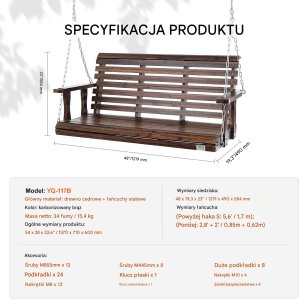 Vevor Huśtawka ogrodowa 140cm ławka wisząca 400kg na łańcuchach brązowa 2