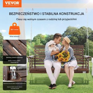 Vevor Huśtawka ogrodowa 140cm ławka wisząca 400kg na łańcuchach brązowa 7