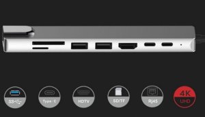 HUB ADAPTER 8W1 USB-C 3.0 SD FT HDMI 4K PD LAN RJ45 USB-C MHL Thunderbolt 3 4