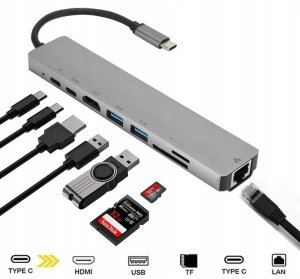 HUB ADAPTER 8W1 USB-C 3.0 SD FT HDMI 4K PD LAN RJ45 USB-C MHL Thunderbolt 3 10