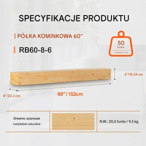 Półka na Kominek 152 cm Drewniana Sosnowa Wisząca do Salonu Rustykalna 3