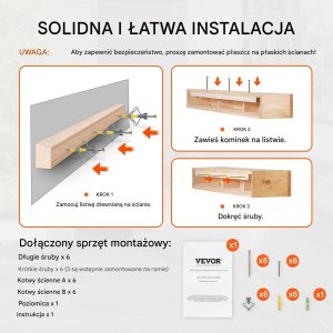 Półka na Kominek 152 cm Drewniana Sosnowa Wisząca do Salonu Rustykalna 5