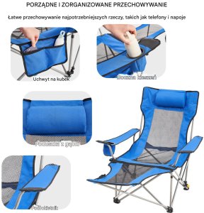 Składane Krzesło Kempingowe z Podnóżkiem Niebieskie 6