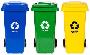 Zestaw 3 koszy na śmieci pojemniki 3x120L niebieski zielony żółty makulatura szkło plastik gumowe koła 2