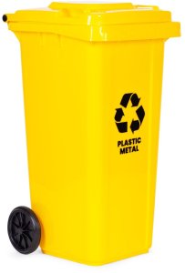 Zestaw 3 koszy na śmieci pojemniki 3x120L niebieski zielony żółty makulatura szkło plastik gumowe koła 6