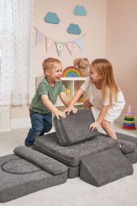 Sofa składana modułowa dla dzieci duża 2-osobowa DIY 10 miękkich poduch tkanina szenilowa - szara ECOTOYS 3