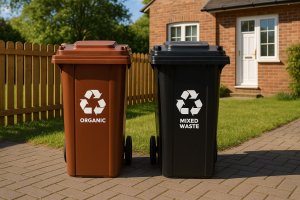 Kosz na śmieci Multistore Zestaw 2 koszy na śmieci pojemniki 2x120L czarny brązowy odpady zmieszane gumowe koła 3