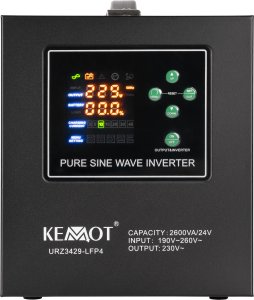 Zasilacz awaryjny KEMOT PROsinus-2600/24-LFP4 przetwornica z czystym przebiegiem sinusoidalnym i funkcją ładowania 24V 230V 2600VA/1800W 3