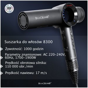 Suszarka BlacKomb BlacKomb Profesjonalna Suszarka Do Włosów Z Jonami Ujemnymi 1900W + Dyfuzor + Koncentratory Waga 290g 290g 5