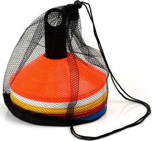 Pachołki talerzyki stożkowe 50szt.   stojak / TT50-19MULTIZestaw 50 pachołków stożkowych SMJ sport (19 cm, wys. 5 cm, 18 g). W zestawie stojak i siatkowy pokrowiec. Kolory mix. Idealne do wyznaczania stref, torów i ćwiczeń treningowych. 4