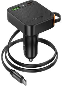 Ładowarka samochodowa Hoco ze zwijanym kablem 2 x USB C + USB A QC PD 65W NZ18 czarna 2