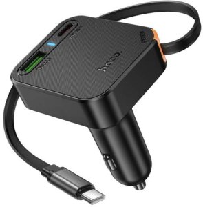 Ładowarka samochodowa Hoco ze zwijanym kablem 2 x USB C + USB A QC PD 65W NZ18 czarna 4