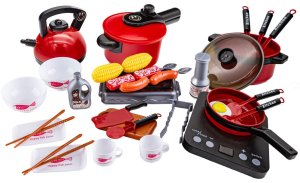 DUŻY ZESTAW KUCHENNY GARNKI KUCHENKA CZAJNIK AKCESORIA SZTUĆCE DŹWIĘKI CZERWONY 2