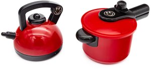 DUŻY ZESTAW KUCHENNY GARNKI KUCHENKA CZAJNIK AKCESORIA SZTUĆCE DŹWIĘKI CZERWONY 3