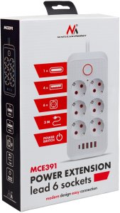 Listwa zasilająca Maclean, przedłużacz 6 gniazd + 4xUSB, 110-240V AC  50/60Hz, 2.1A max 2500W, 3m, czarna,MCE391 B 6