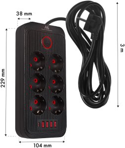 Listwa zasilająca Maclean, przedłużacz 6 gniazd + 4xUSB, 110-240V AC  50/60Hz, 2.1A max 2500W, 3m, czarna,MCE391 B 7