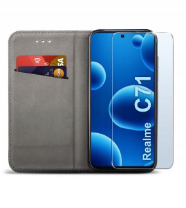 Etui z klapką do Realme C71 Zamykane Czarne Futerał + Szkło 9H 2